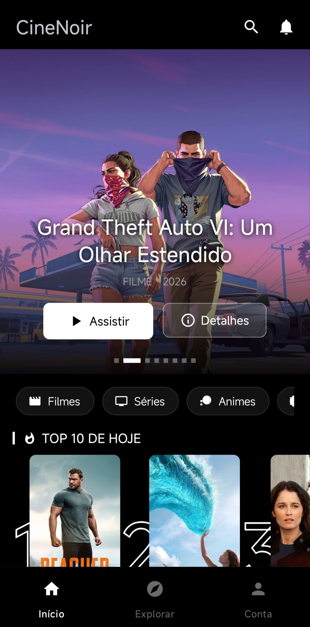 Tela inicial do app Cine Noir mostrando o catálogo de filmes e séries