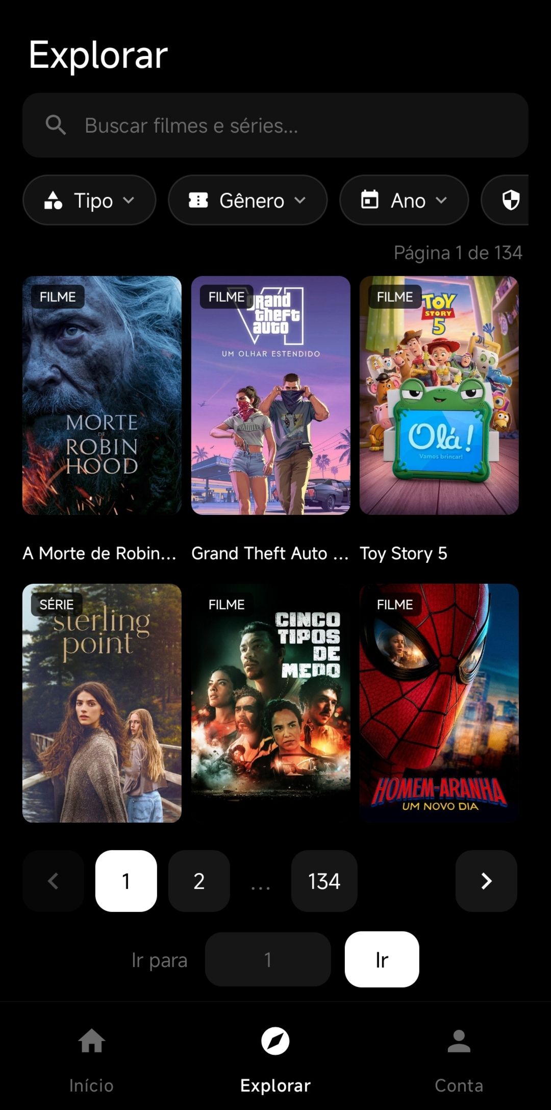 Tela Explorar do Cine Noir com grade de filmes e séries e filtros