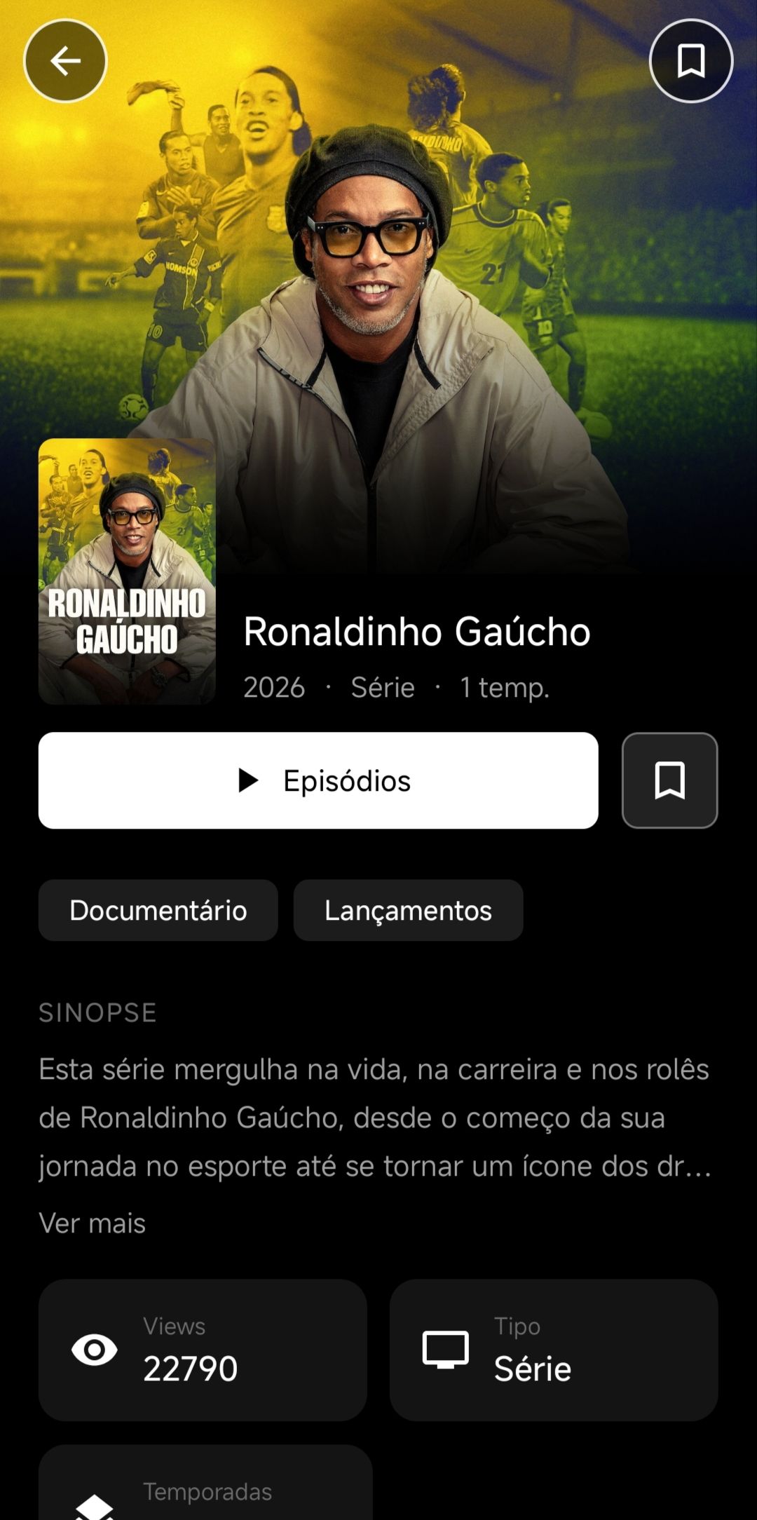 Tela de detalhes de uma série no Cine Noir com sinopse, avaliações e informações
